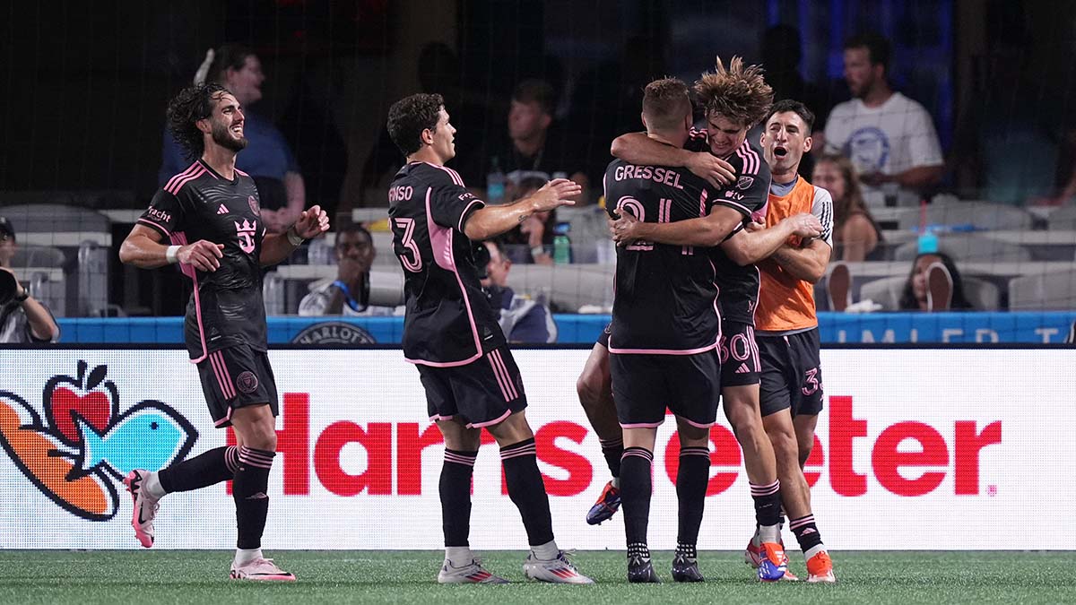 Jul 3, 2024; Charlotte, North Carolina, USA; Inter Miami CF midfielder Benjamin Cremaschi (30) celebrates with teammates after scoring a goal against Charlotte FC in the second half at Bank of America Stadium. Mandatory Credit: Jim Dedmon-USA TODAY Sports