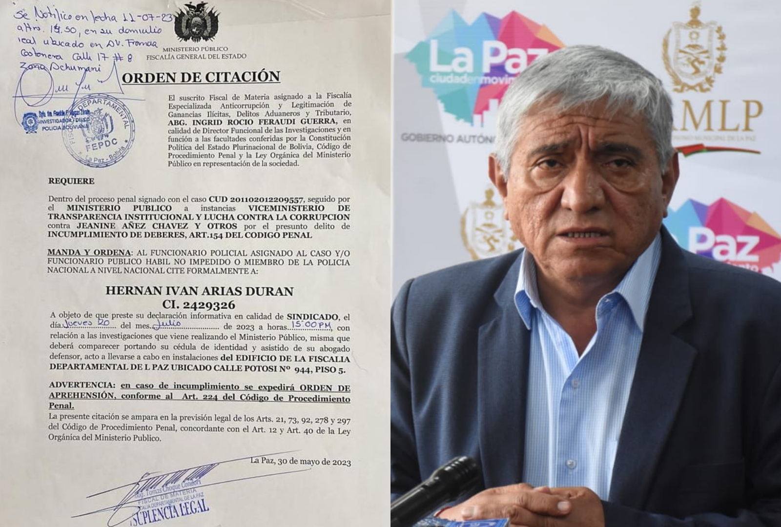 La citación emitida por el Ministerio Público contra el alcalde de La Paz, Iván Arias.