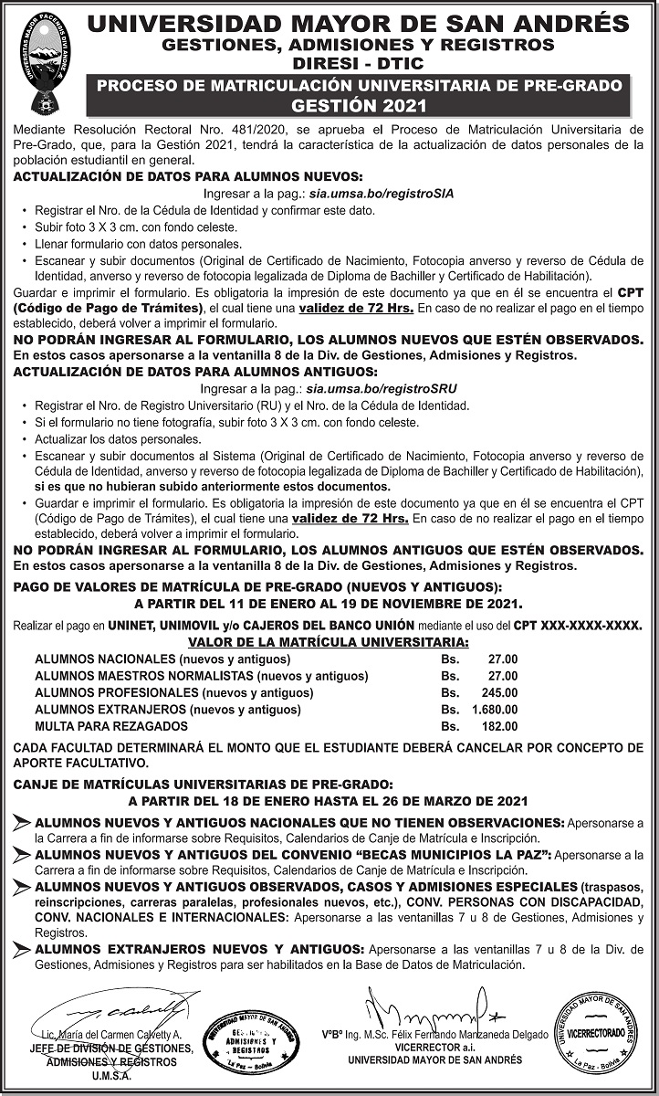 PROCESO DE MATRICULACIÓN UNIVERSITARIA DE PRE GRADO GESTIÓN 2021