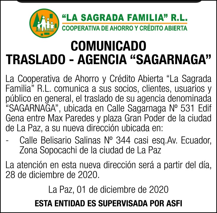 TRASLADO – AGENCIA «SAGARNAGA»