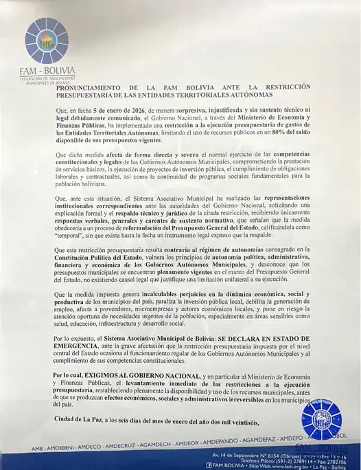 Pronunciamiento de la FAM Bolivia sobre restricción presupuestaria