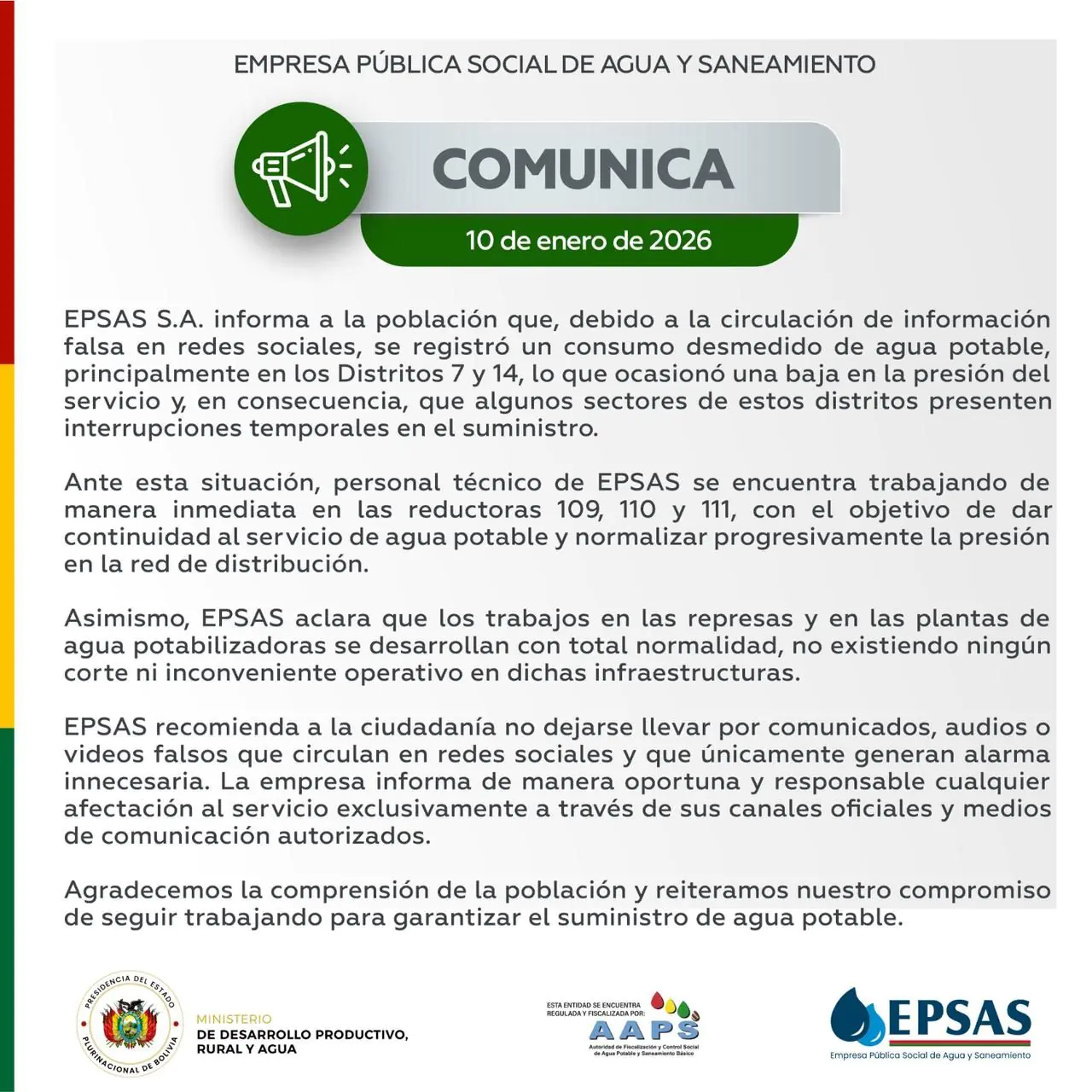 Epsas publicó un comunicado/Epsas