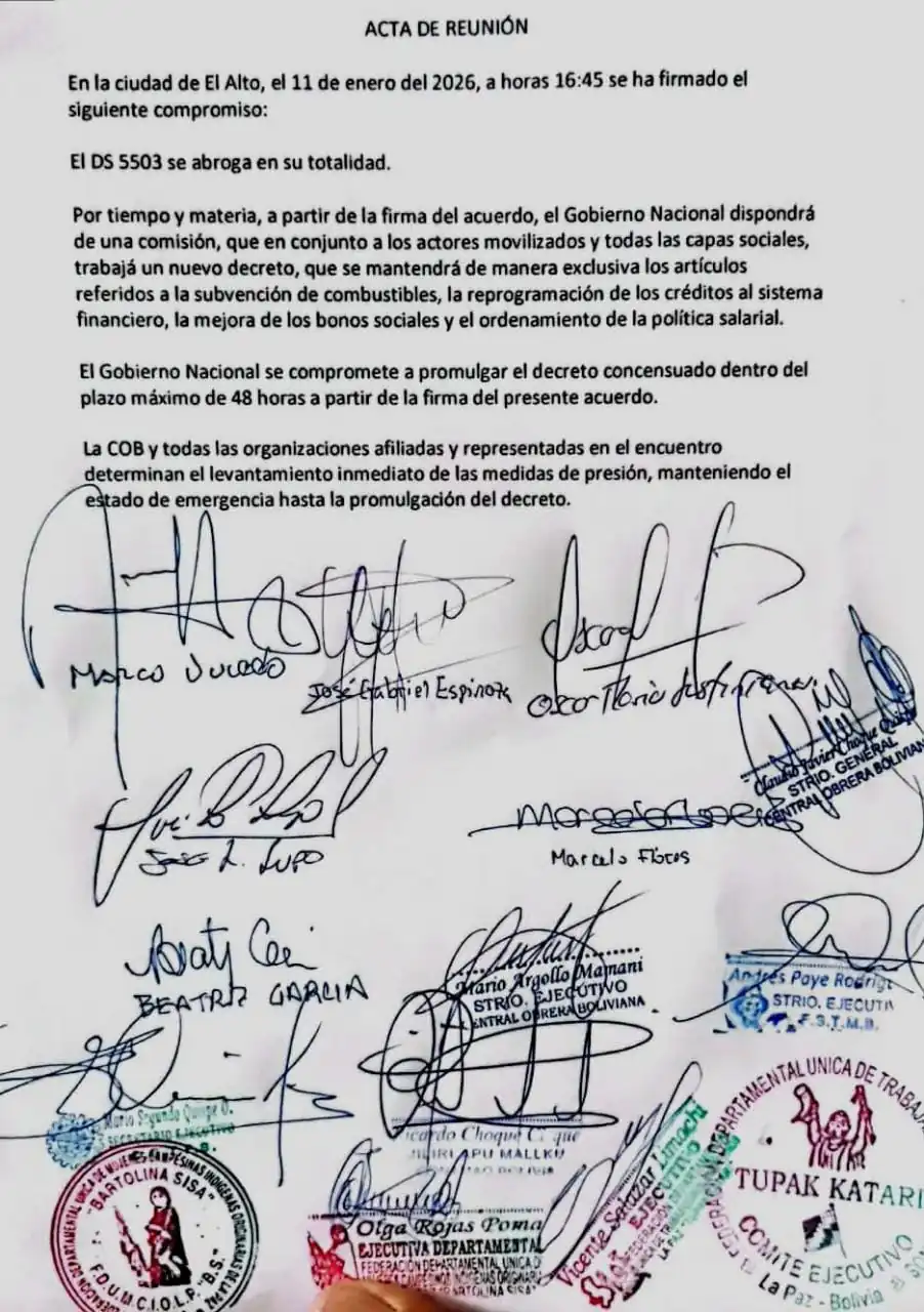 El acta de "compromiso" entre la COB y el Gobierno.