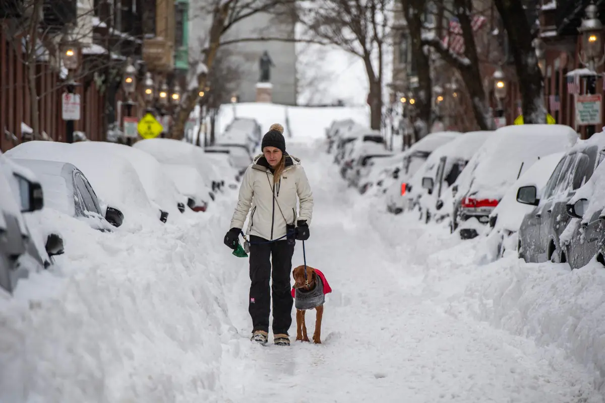 Una mujer pasea a su perro en la nieve por una calle en Boston/AFP
