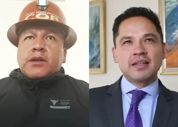 Fotografía dividida en pantalla que muestra a Mario Argollo, dirigente de la COB, y Gonzalo Morales, presidente de la CNI, durante una entrevista televisiva.