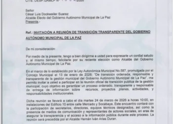 La carta enviada por el alcalde Iván Arias al alcalde electo Cesar Docweiler. Imagen: GAMLP