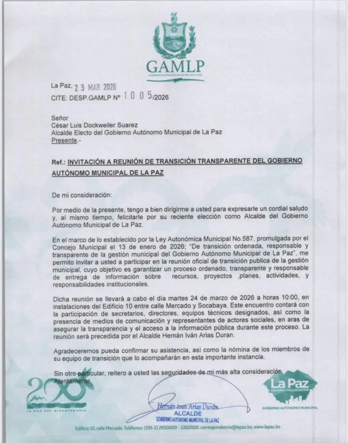 La carta enviada por el alcalde Iván Arias al alcalde electo Cesar Docweiler. Imagen: GAMLP