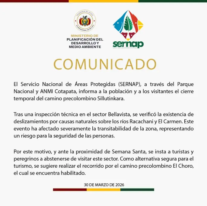 Sernap cierra temporalmente el camino precolombino Sillutinkara por deslizamientos
