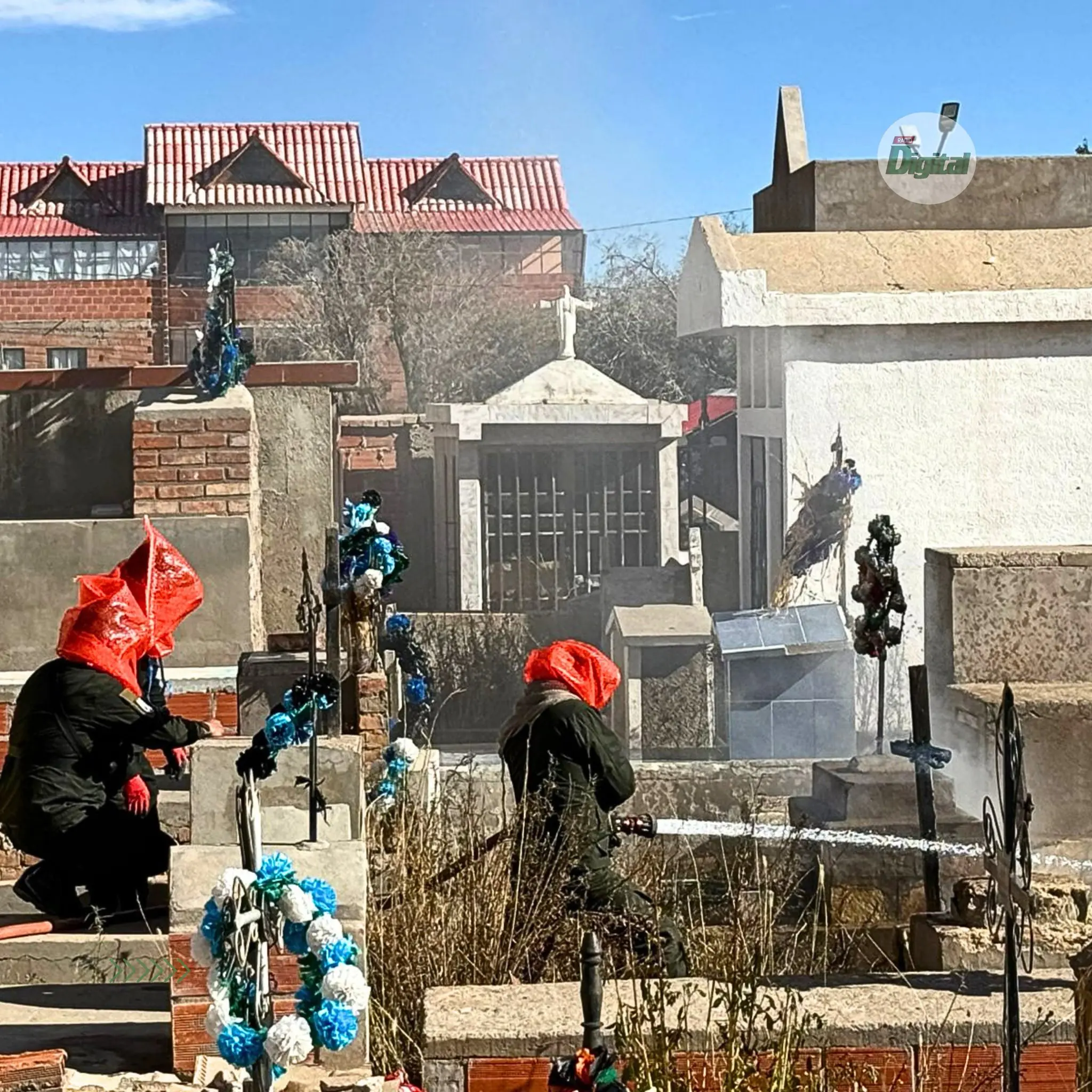 El personal de Bomberos trabajó en la contención del enjambre con chorros de agua. FOTO: Radio Digital Villazón