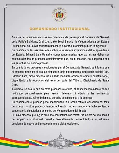 El comunicado publicado por la VIcepresidencia/RRSS