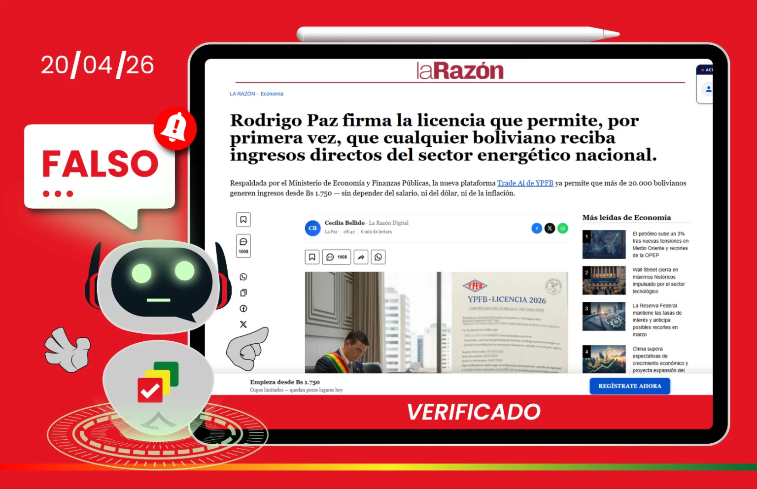 Página falsa usa el logo de La Razón para estafa digital. Imagen: Bolivia Verifica