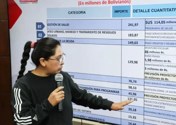La alcaldesa Eva Copa informa sobre el ajuste tarifario para el aseo urbano. FOTO: GAMEA