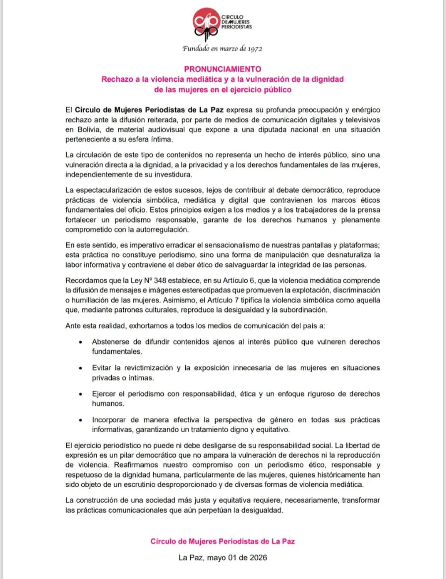 Pronunciamiento de colectivos de mujeres ante violencia mediática contra una diputada.