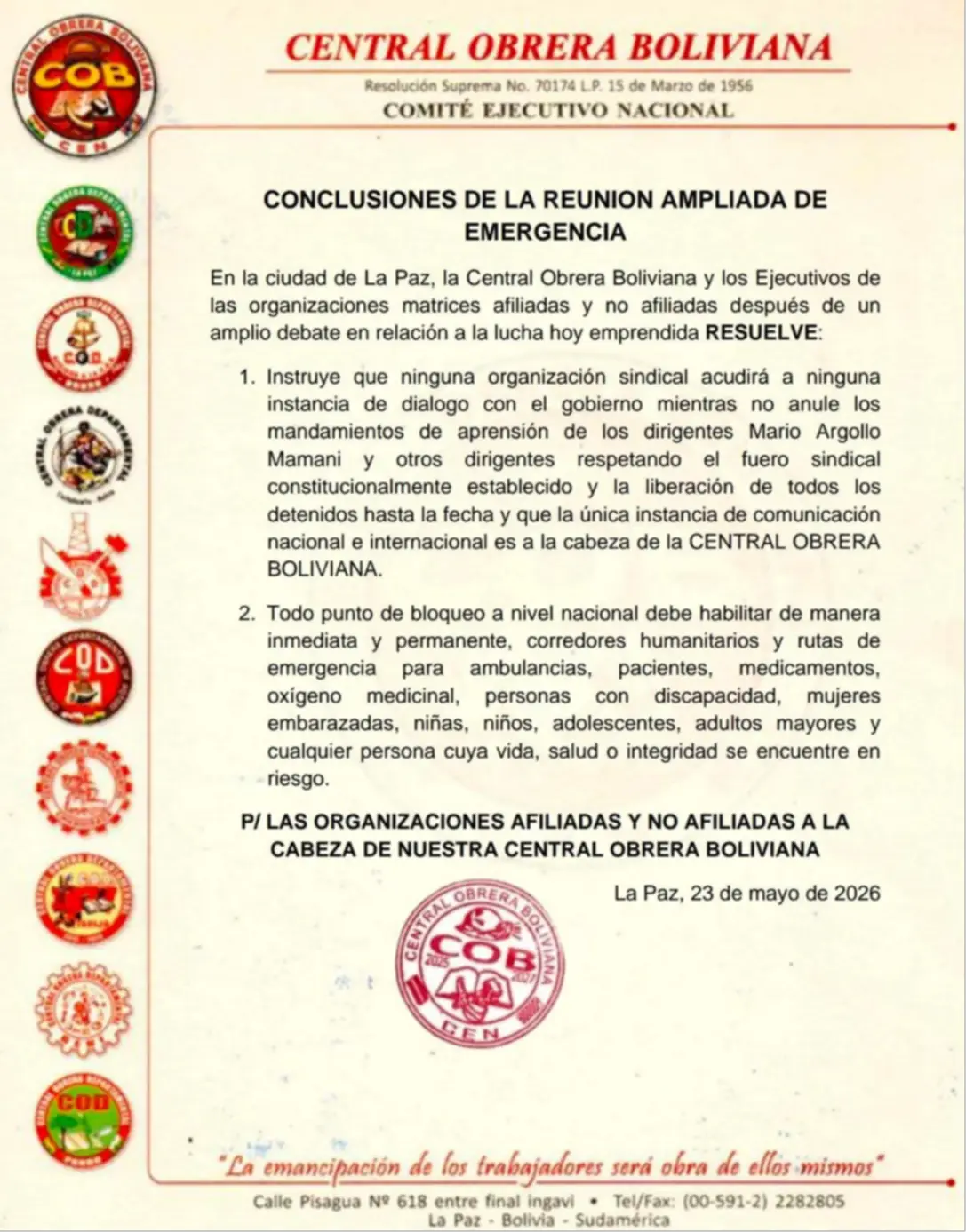 La COB condiciona el diálogo al Gobierno