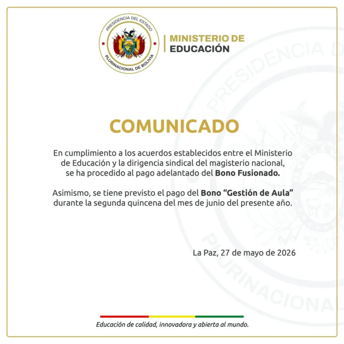 Gobierno adelanta el pago del bono fusionado al magisterio